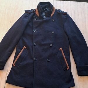 RYMA Navy Double Breasted Military Peacoat Wool Blend Lined Pockets